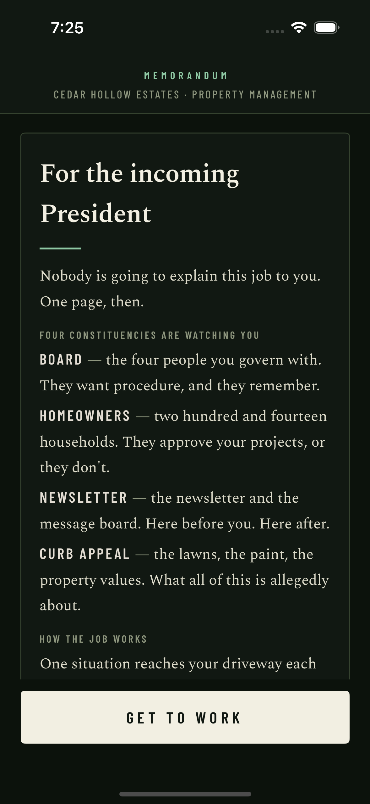 A one-page memorandum for the incoming president from Cedar Hollow Estates property management: four constituencies are watching — Board, Homeowners, Newsletter, Curb Appeal — with a GET TO WORK button below.