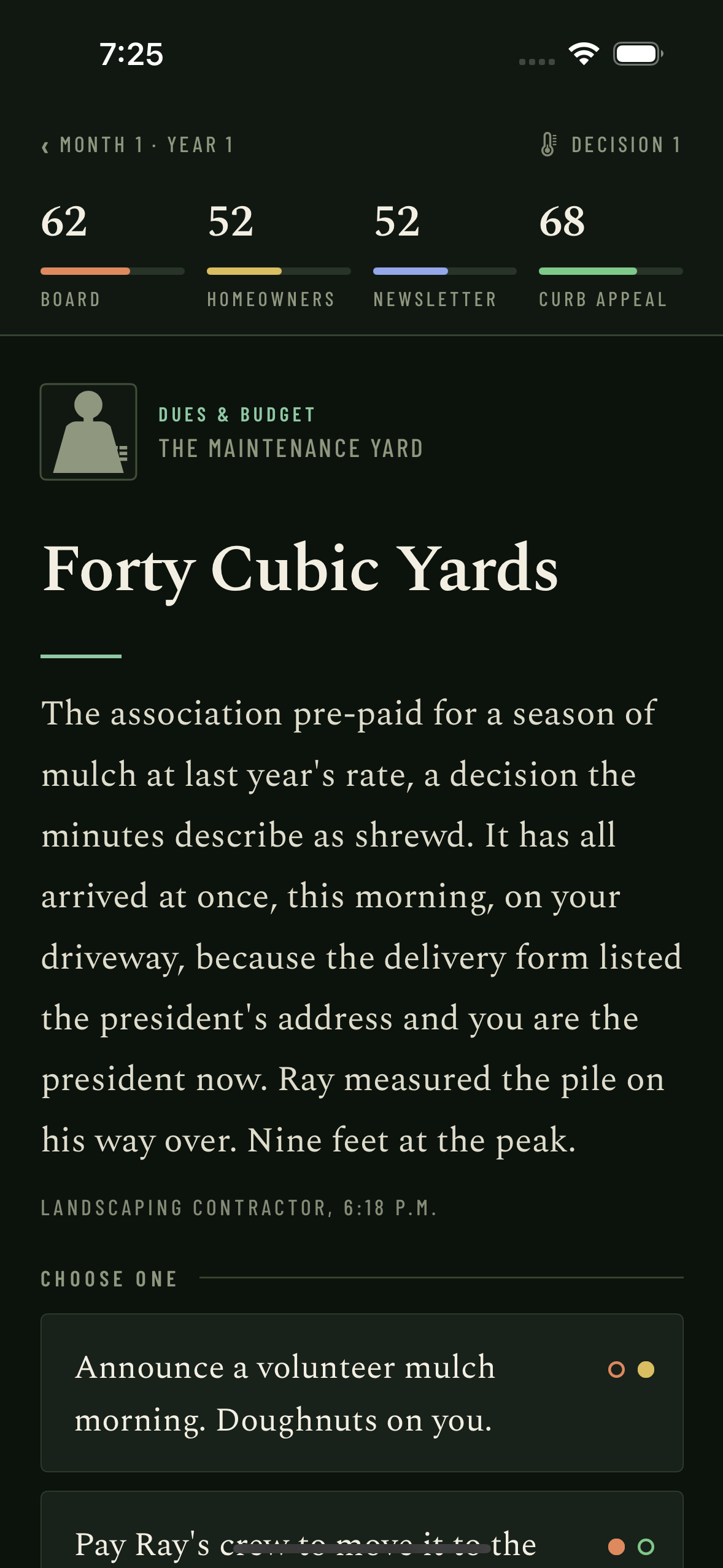 A scenario card titled Forty Cubic Yards, from the landscaping contractor at 6:18 p.m.: the association's pre-paid mulch has all arrived at once on your driveway, with the four meters above and choices below.