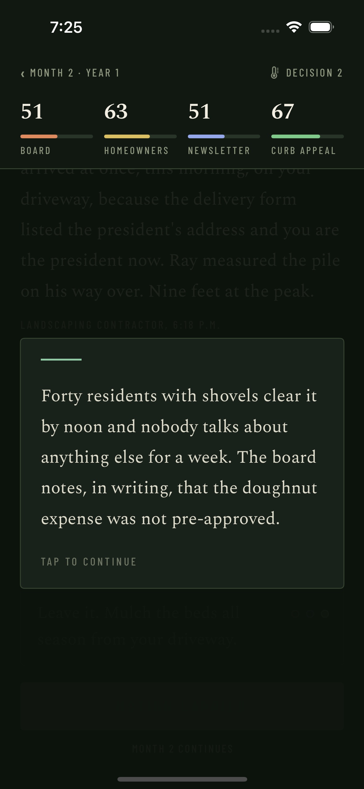The consequence card: forty residents with shovels clear it by noon, and the board notes, in writing, that the doughnut expense was not pre-approved. The meters have moved and Month 2 continues.