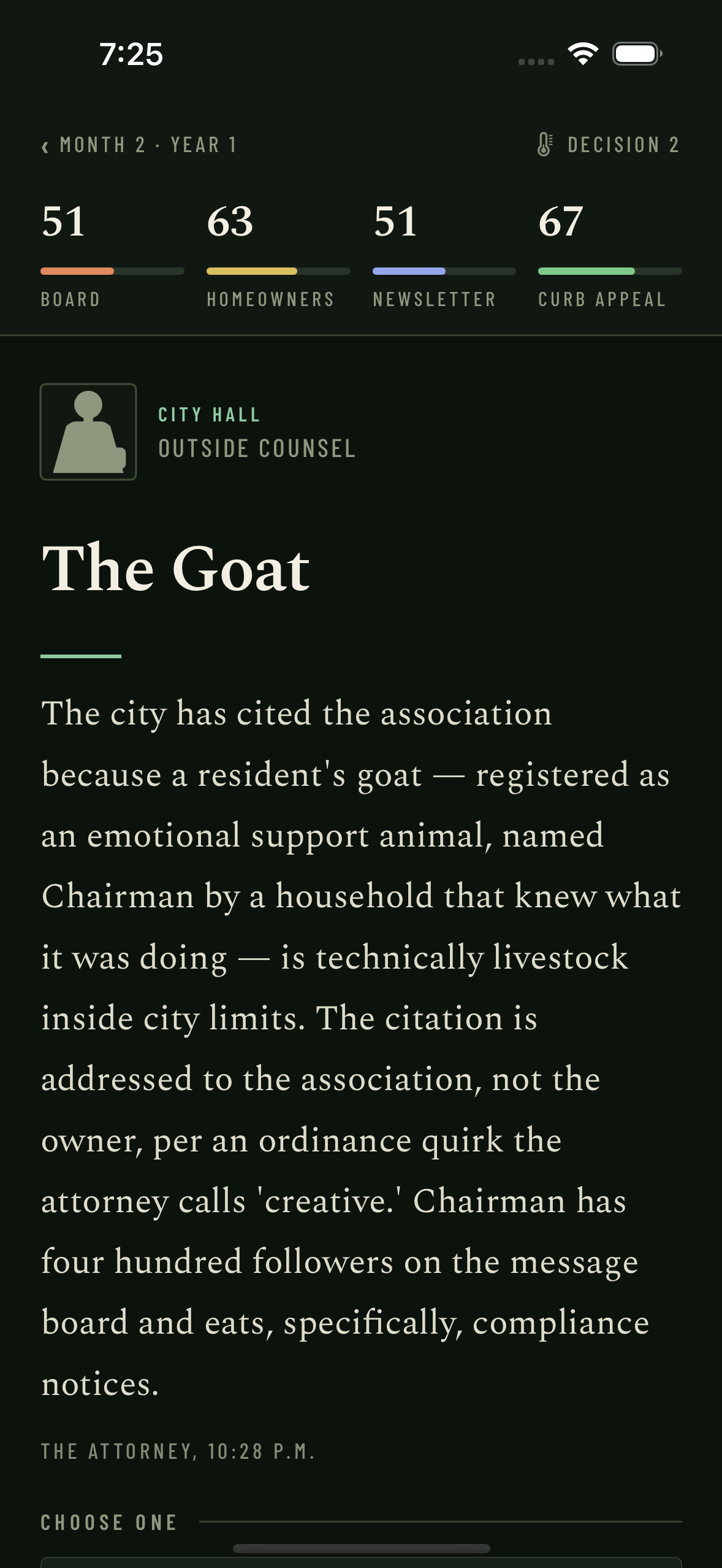 A card titled The Goat, from the attorney at 10:28 p.m.: the city has cited the association because a resident's goat, registered as an emotional support animal and named Chairman, is technically livestock inside city limits.