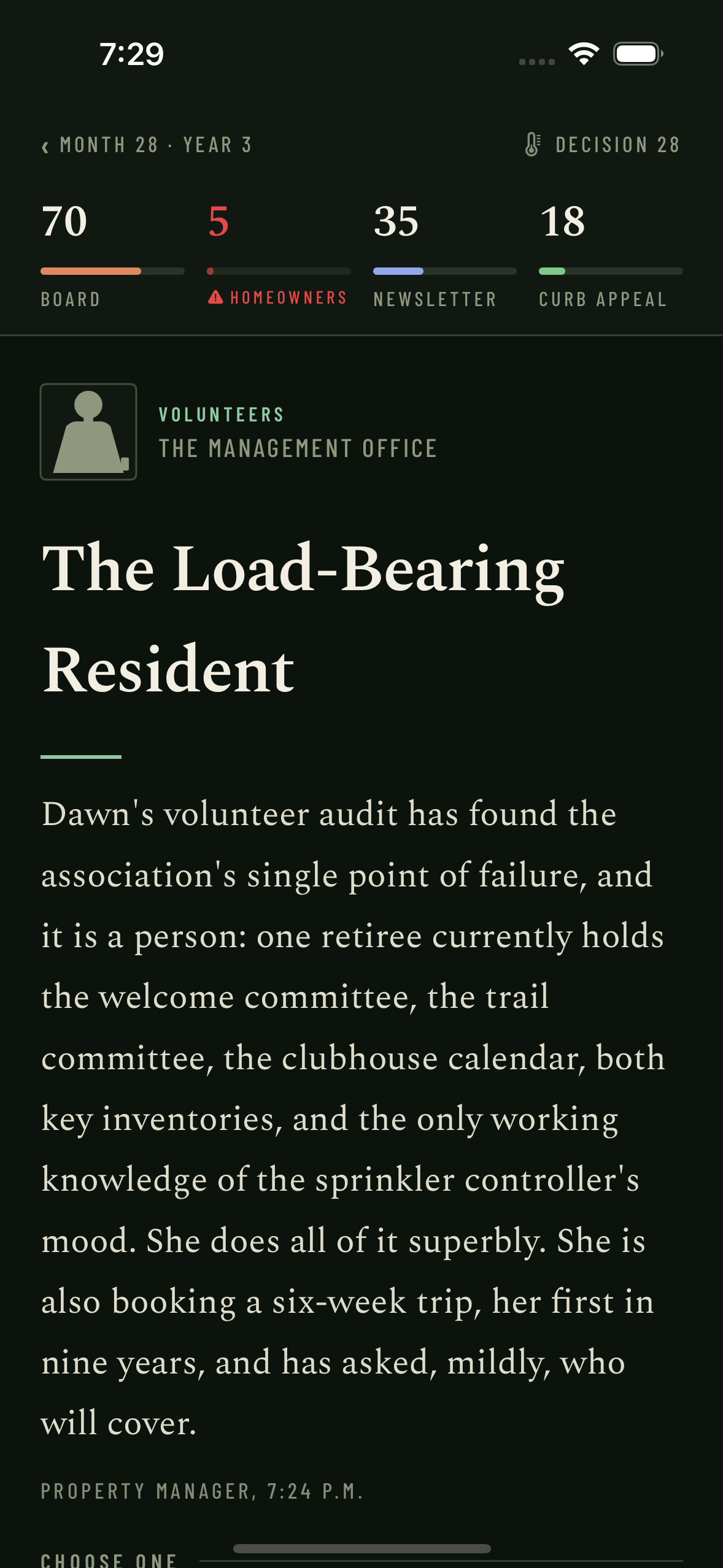 Month 28 mid-crisis: Homeowners at 5 is flashing red on the meters, above a card titled The Load-Bearing Resident — one retiree holds every committee, and she is booking a six-week trip.