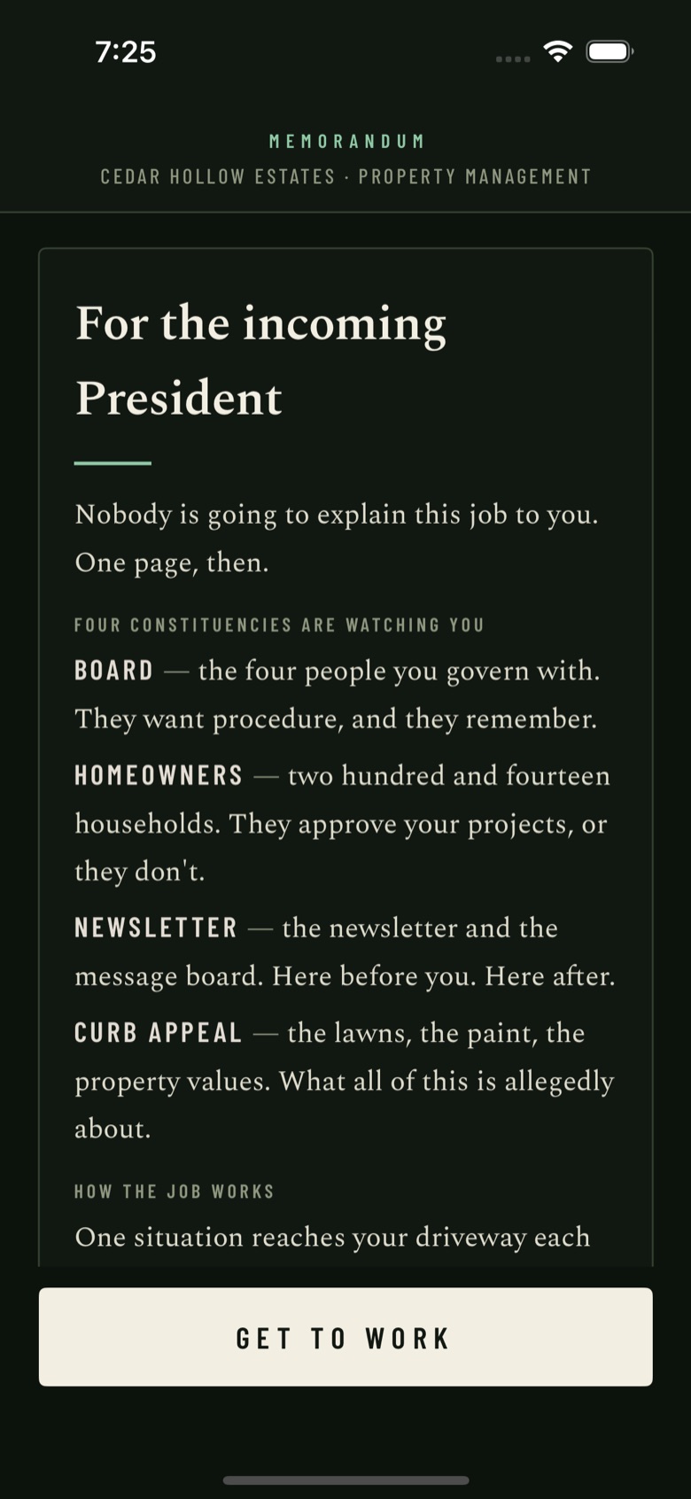 The monthly briefing screen, with four meters above the desk.