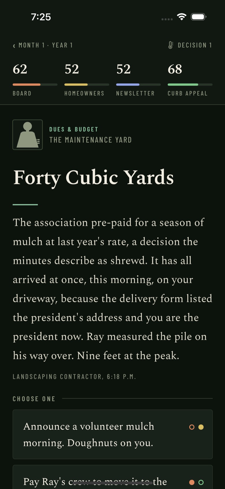A scenario card with two response choices.