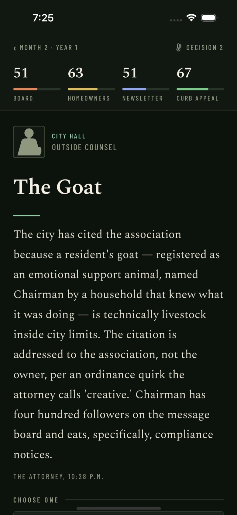A scenario card about a resident's goat cited as livestock.